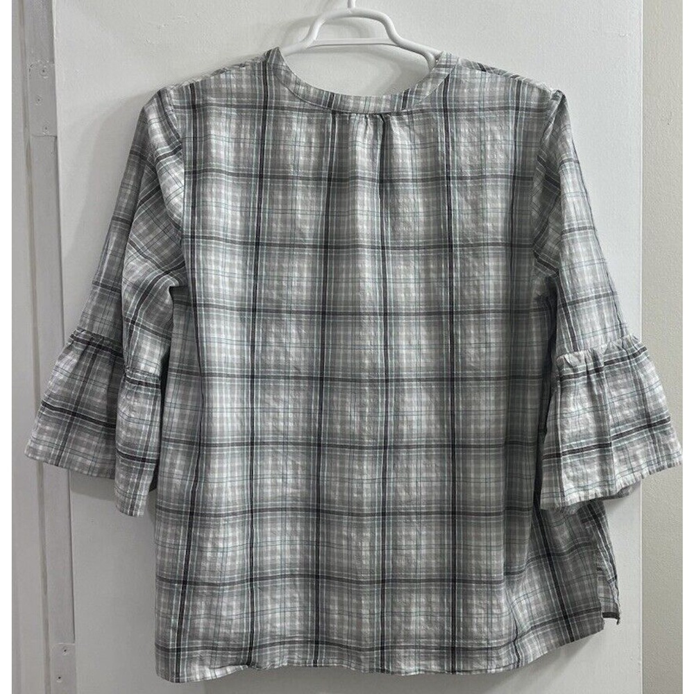 Catherines Plaid Embroidered Babydoll Top 1X Ruffle 3/4 Sleeve Boho Coastal - Picture 2 of 7